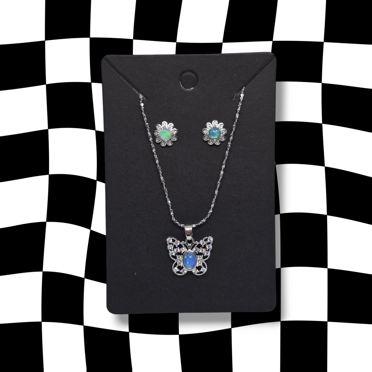 White Opal Studs & Butterfly Necklace Set